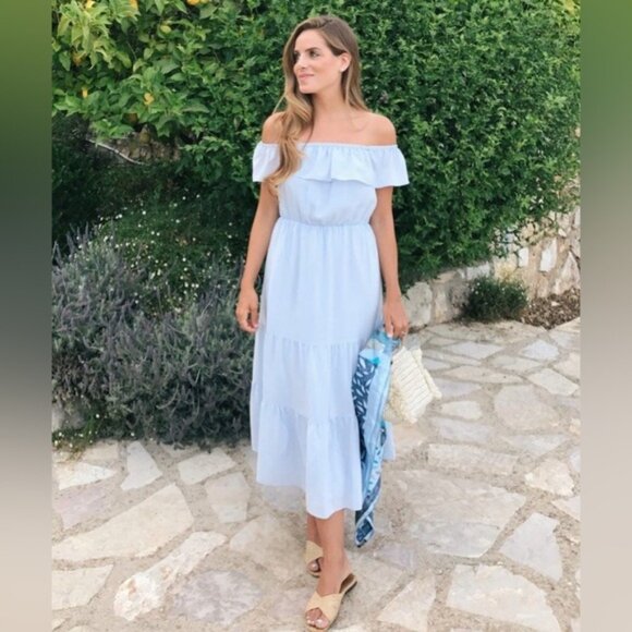 Club Monaco Sky Blue Off-Shoulder Midi Silk Hamisi Dress size 00 - Picture 1 of 11